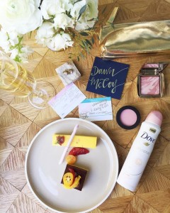 Dessert, Dove Dry Spray Deodorant (in my fave, Beauty Finish),  my picks for beauty and fashion trends and a glass of bubbly, of course...
